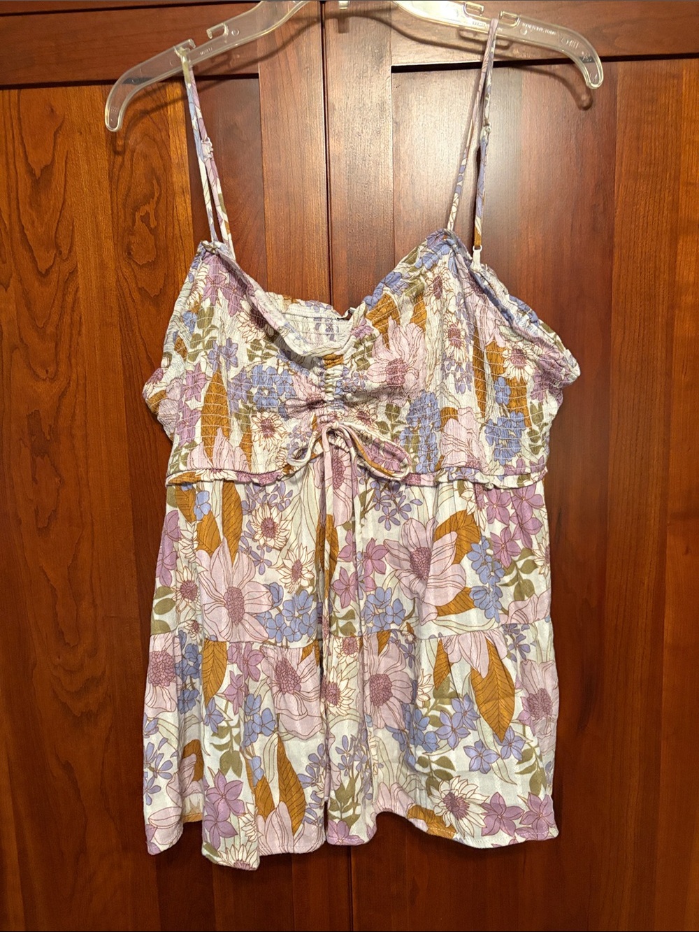 Floral Smocked Cami Top with Tie - White/Purple/Blue